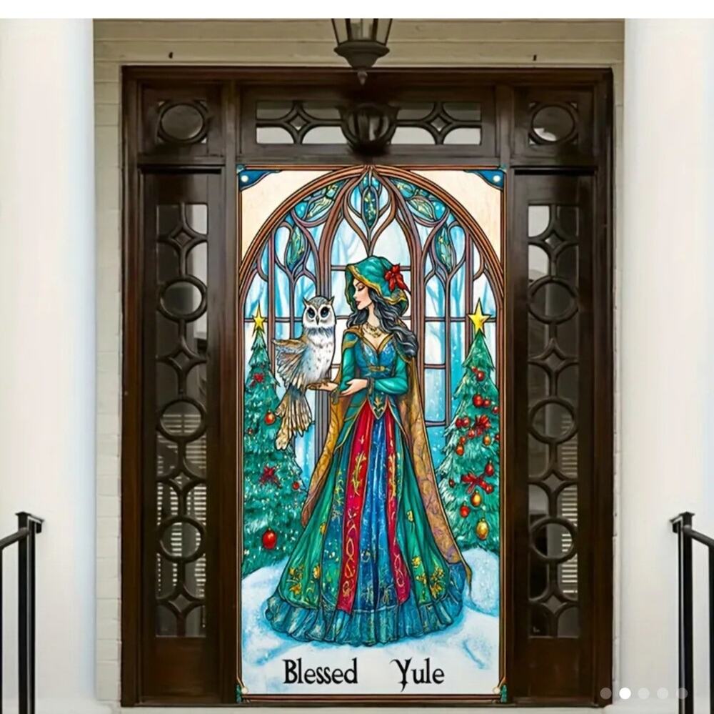 Blessed Yule Door Cover 36"×72" Cloaked Maiden Owl WInter Solstice Pagan Wicca